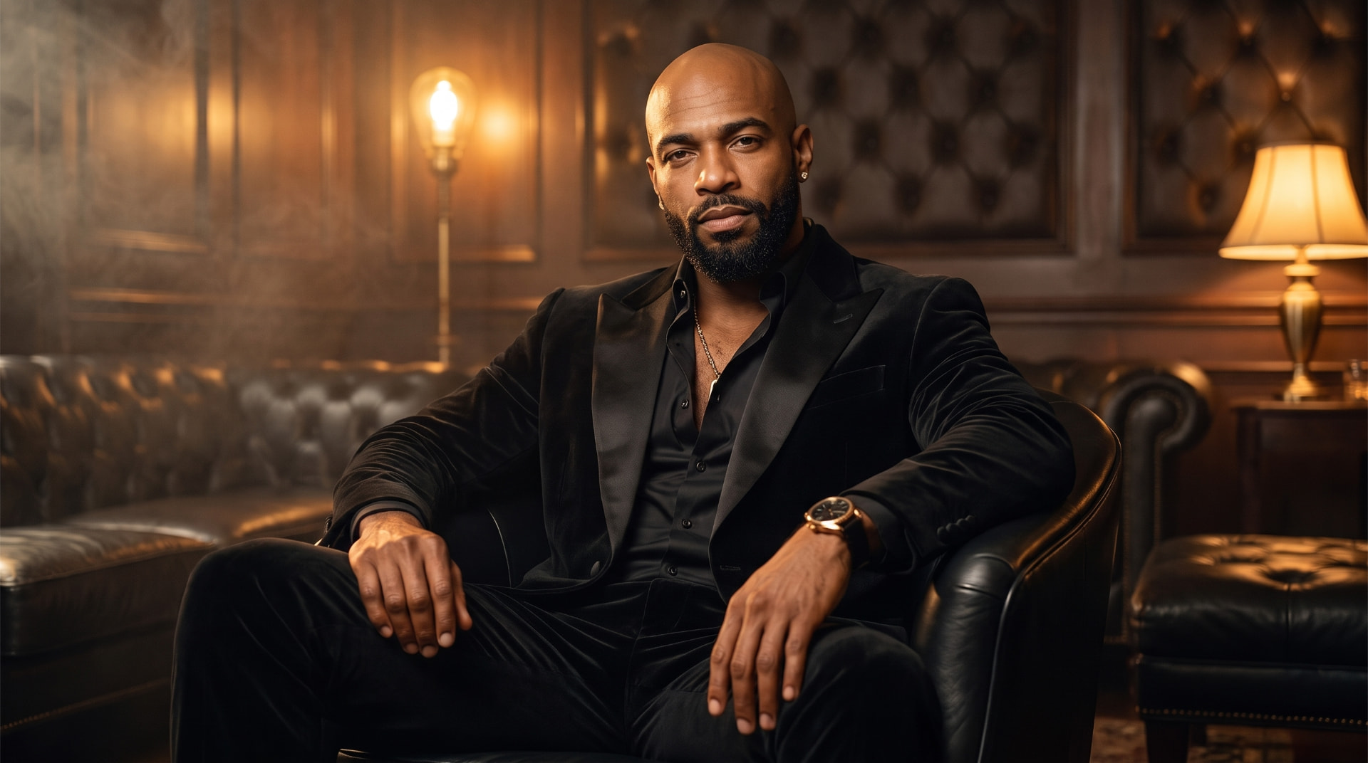 London Grant in a burgundy velvet suit in a dark lounge