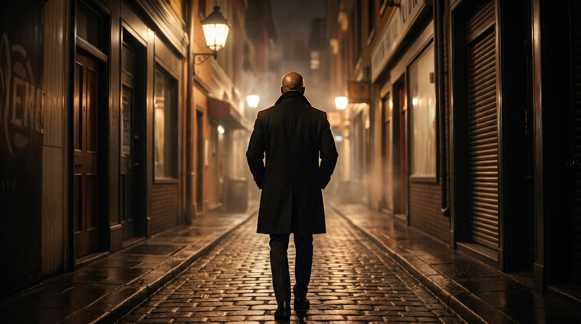 London Grant walking a rain-soaked street at night