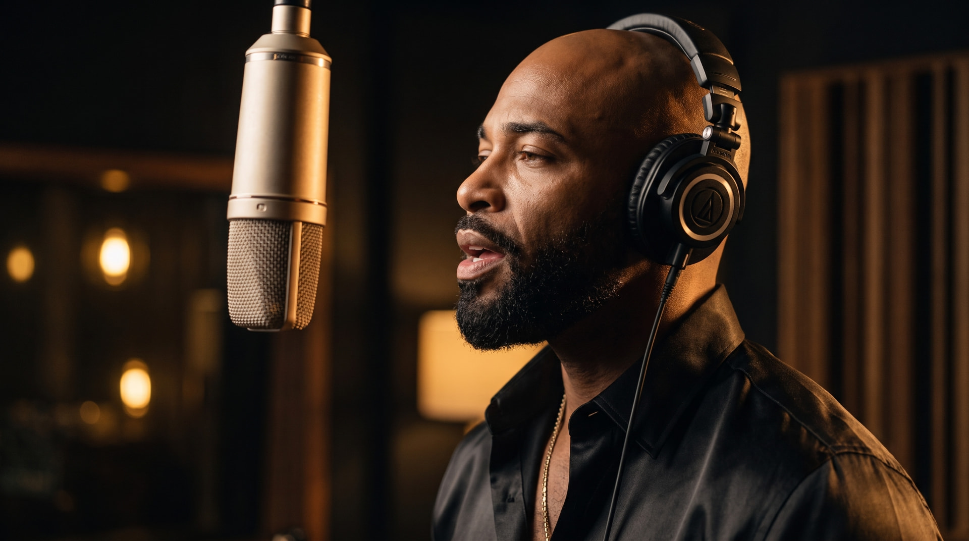 London Grant singing into a vintage microphone